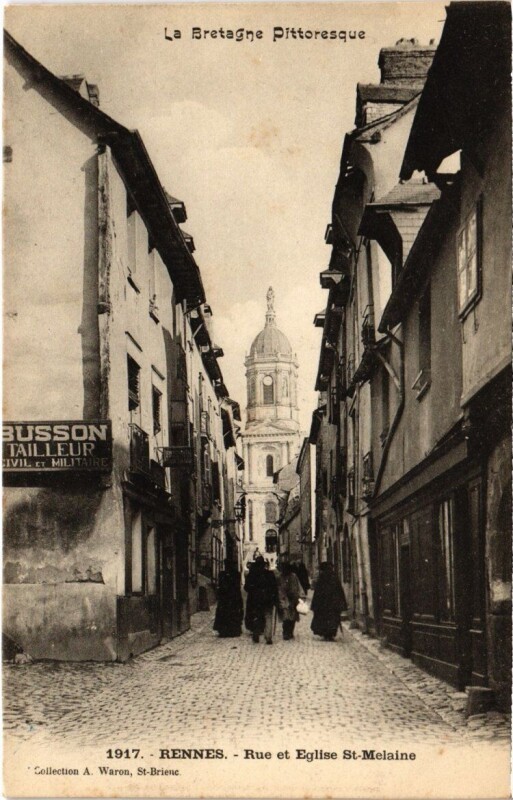Carte postale ancienne Rennes - Rue et Eglise Saint-Melaine à Rennes