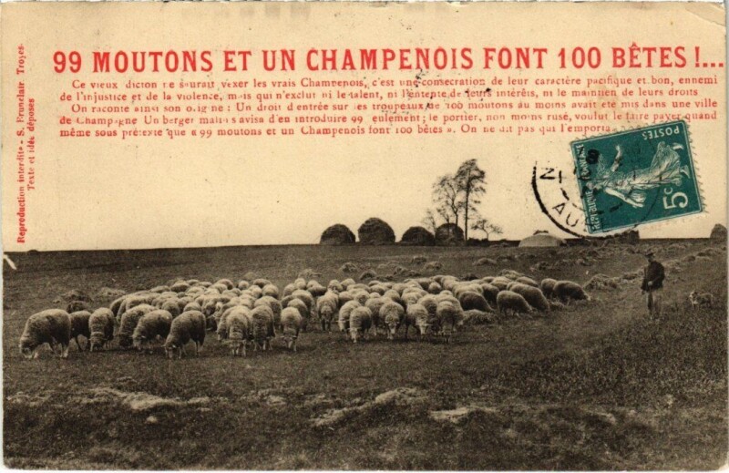 Carte postale ancienne 99 Moutons et un Champenois font 100 Betes!...