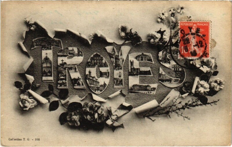 Carte postale ancienne Troyes - Collage dans les Typos fleurs à Troyes