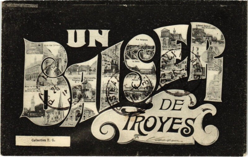 Carte postale ancienne Troyes - Un Baiser collage dans les typos à Troyes