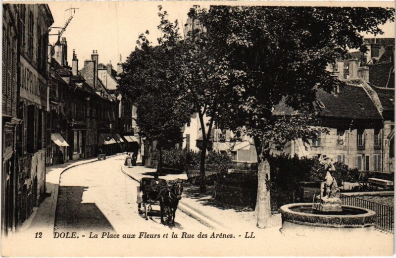 Carte postale ancienne Dole- La Place aux Fleurs et la Rue des Arenes France