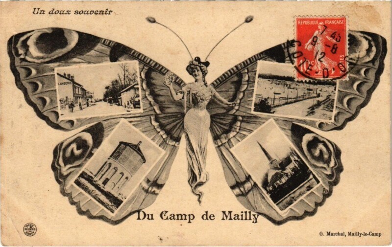 Carte postale ancienne Camp-de-Mailly - Souvenir papillon collage
