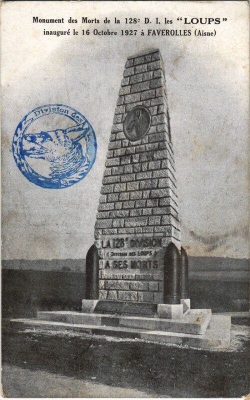 Carte postale ancienne Faverolles - Monument des Morts de la 128e D. I. Les Loups à Faverolles