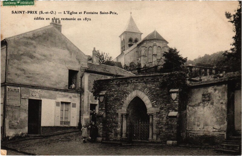 Carte postale ancienne Saint-Prix - L'Eglise et Fontaine à Saint-Prix