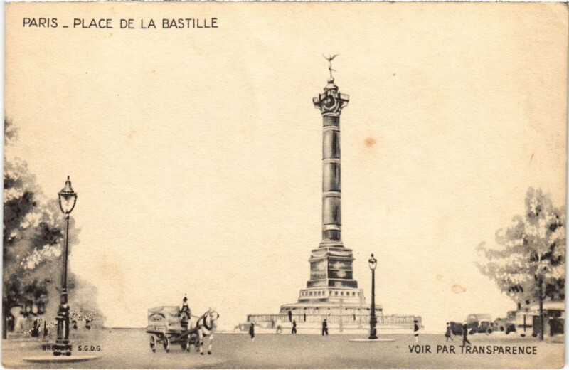 Carte postale ancienne Paris 11e Place de la Bastille transparent Hold To Light à Paris 11e