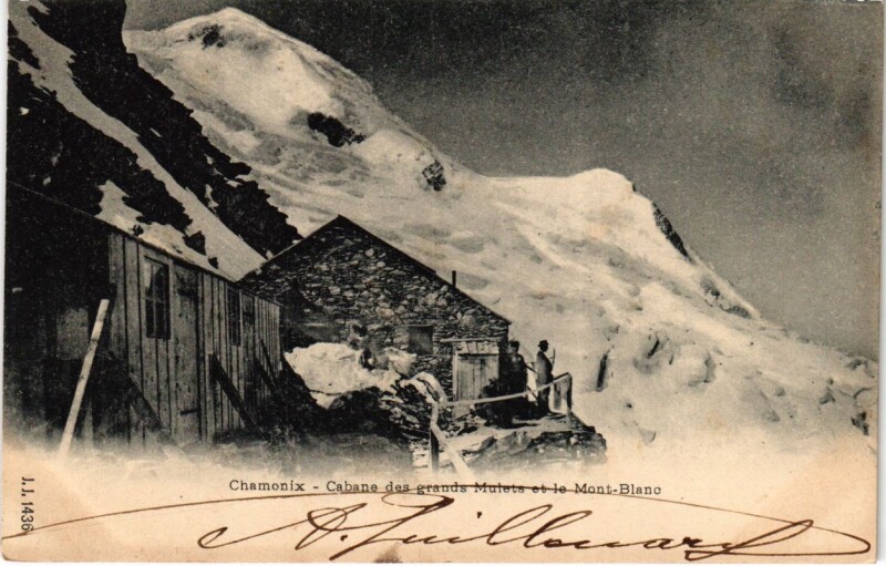 Carte postale ancienne Chamonix - Cabane des grands Mulets et le Mont-Blanc
