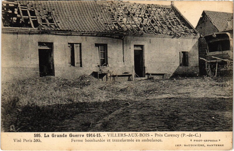 Carte postale ancienne Militaire Villers-aux-Bois - Pres Carency Ferme bombardée à Villers-aux-Bois