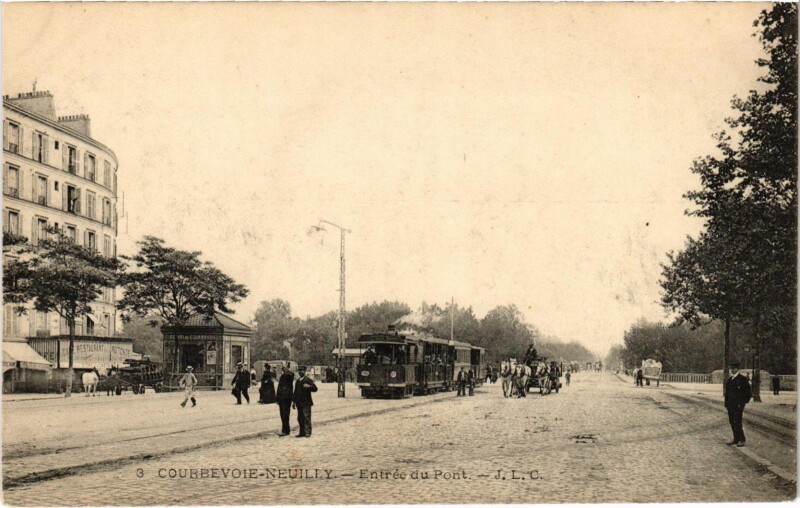 Carte postale ancienne Courbevoie entrée du Pont Tram Vapeur à Courbevoie