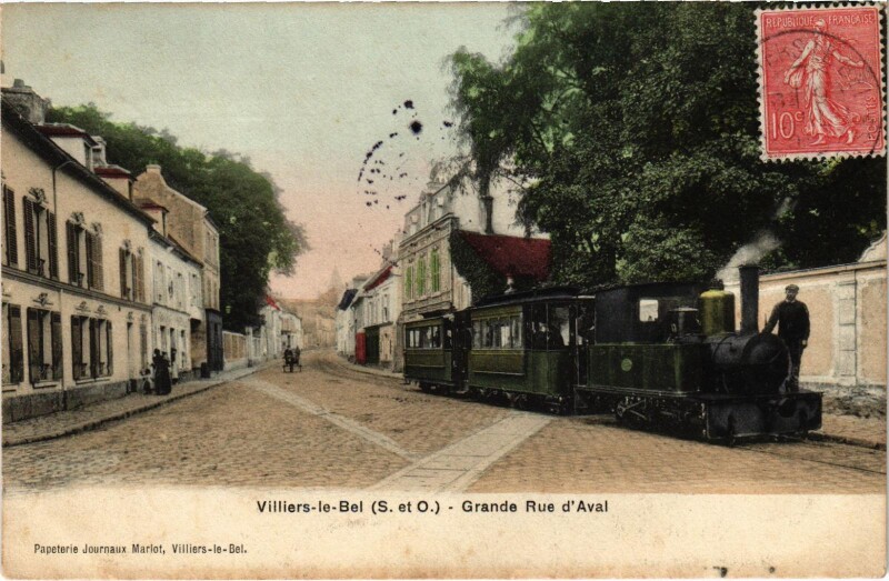 Carte postale ancienne Villiers-le-Bel Grande Rue d'Aval Tram Vapeur à Villiers-le-Bel