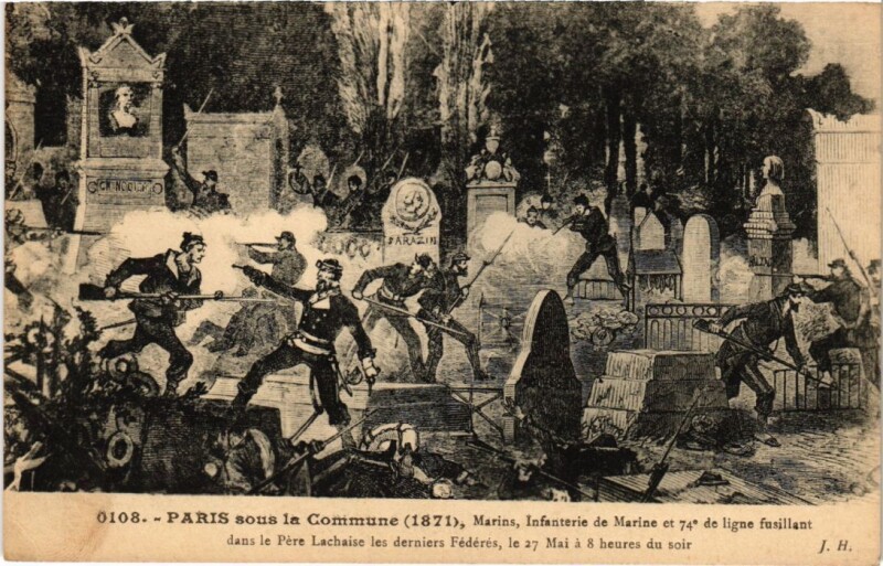 Carte postale ancienne Paris sous la Commune (1871), Marins, Infanterie de Marine et 74e de ligne fusillant dans le Père Lachaise les derniers Fédérés à Paris 20e