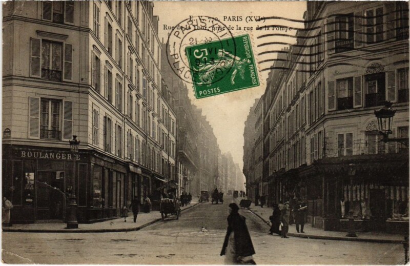 Carte postale ancienne Rue de la Tour, prise de la rue de la Pompe à Paris 16e