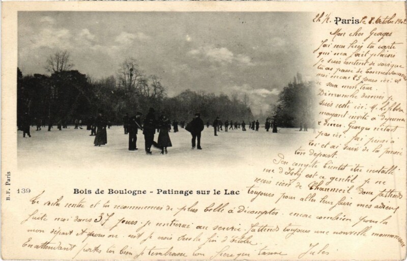 Carte postale ancienne Bois de Boulogne - Patinage sur le Lac à Paris 16e