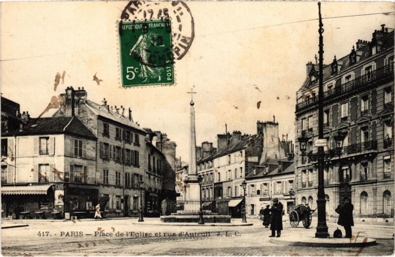 Carte postale ancienne Place de l'Eglise et rue d'Auteuil à Paris 16e