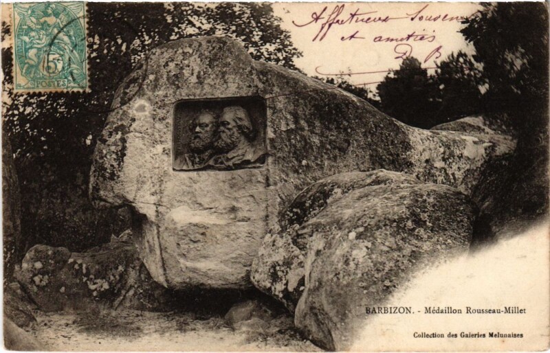 Carte postale ancienne Barbizon Medaillon Rousseau Millet à Barbizon