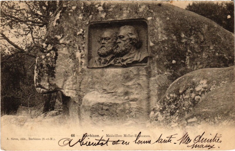 Carte postale ancienne Barbizon Medaillon Rousseau Millet à Barbizon