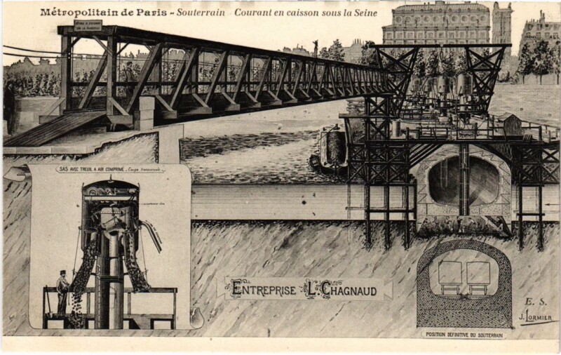 Carte postale ancienne Paris Souterrain construit courant en caisson Metropolitain