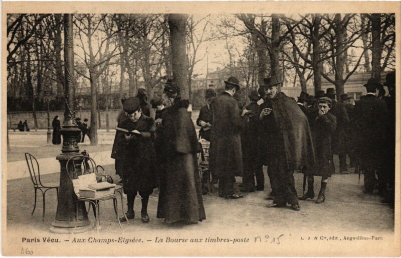 Carte postale ancienne Paris Vecu. Aux Champs Elysees Bourse aux timbres-poste
