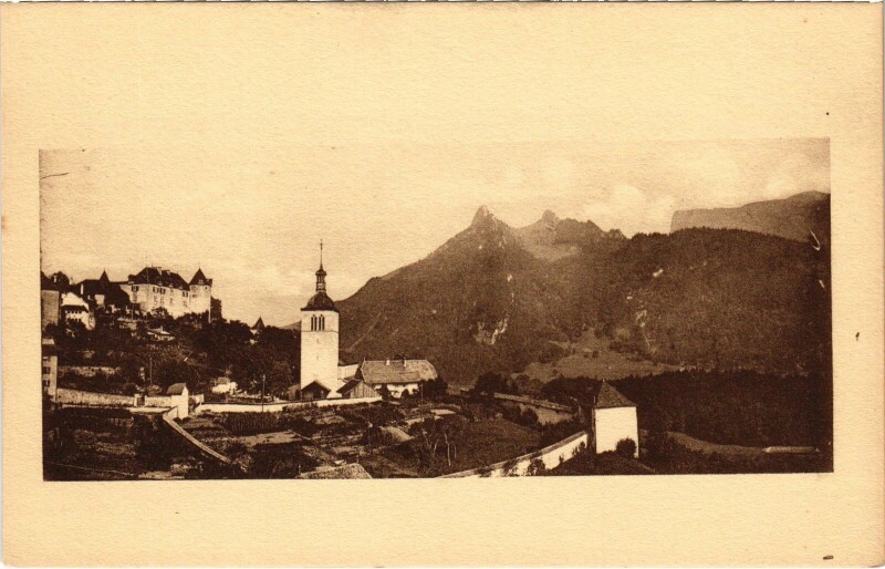 Carte postale ancienne Gruyeres - Panorama pris de la terrasse de l'Hotel de la Fleur à Gruyères