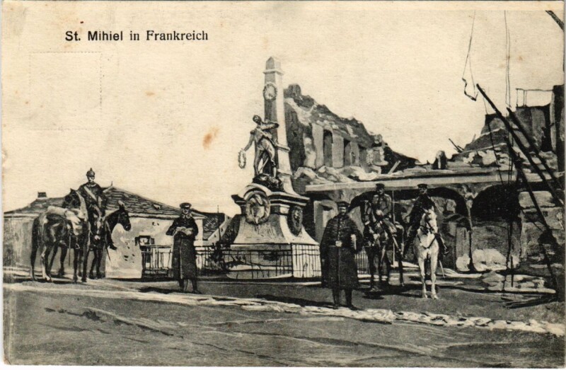 Carte postale ancienne Saint-Mihiel in Frankreich - Square Scene with Soldiers and Ruins à Saint-Mihiel