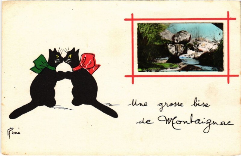 Carte postale ancienne Montaignac - Landscape with a River - Cats