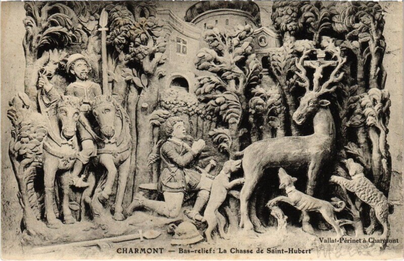 Carte postale ancienne Charmont - Bas-Relief La Chasse de Saint-Hubert