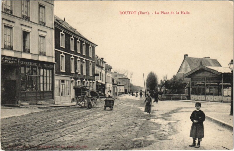 Carte postale ancienne Routot-La Place de la Halle à Routot