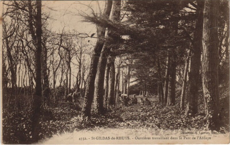 Carte postale ancienne Saint-Gildas-de-Rhuys - Onyrieres travaillant dans le Parc de l'Abbaye à Saint-Gildas-de-Rhuys