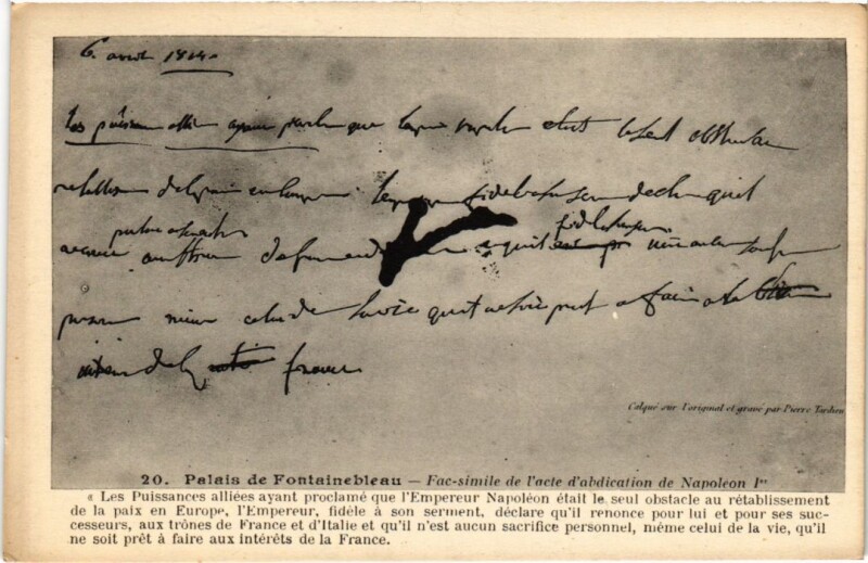 Carte postale ancienne Fontainebleau Palais Fac-simile de l'acte d'abdiction de Napoleon à Fontainebleau