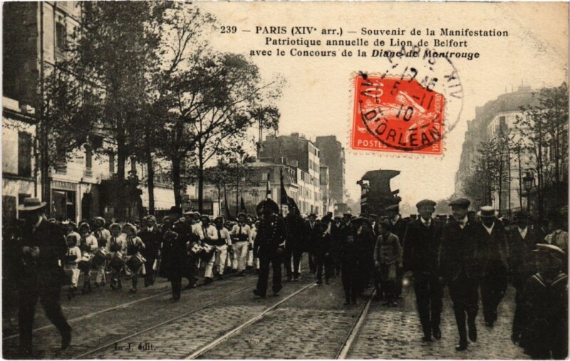 Carte postale ancienne Souvenir de la Manifestation Patriotique annuelle de Lion de Belfort à Paris 14e