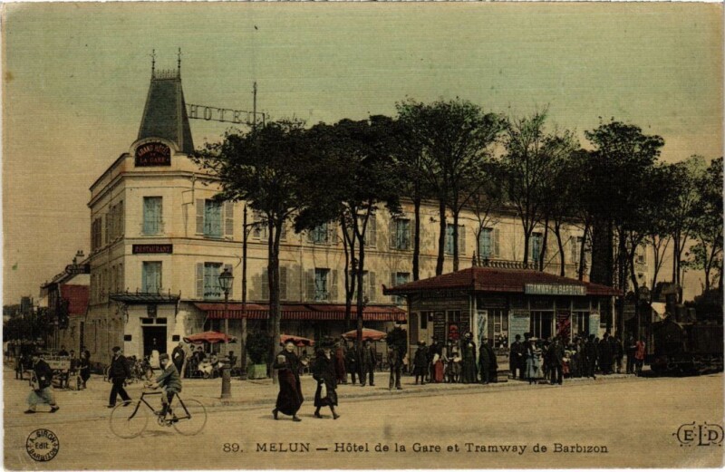 Carte postale ancienne Melun Hotel de la Gare , Tramway de Barbizon à Barbizon