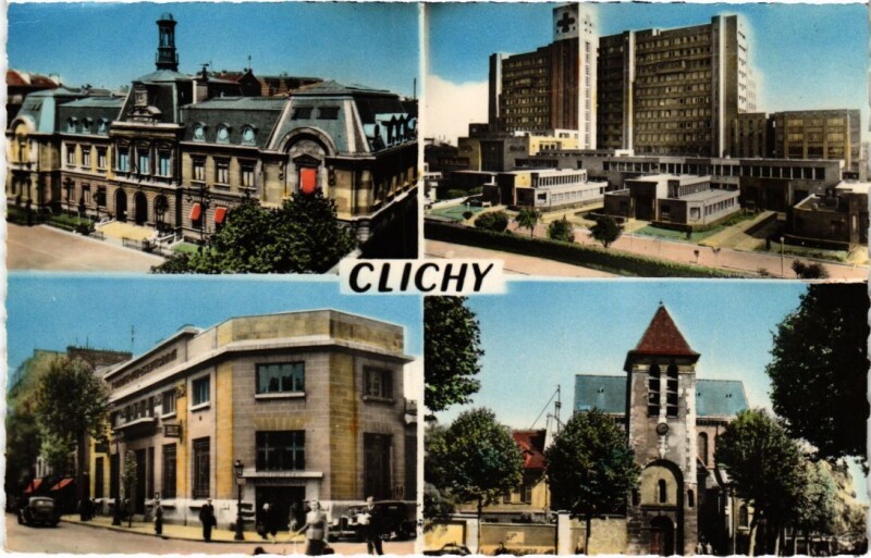 Carte postale ancienne La Mairie, l'Hôpital, la Poste et l'Eglise Saint Vincent de Paul à Clichy