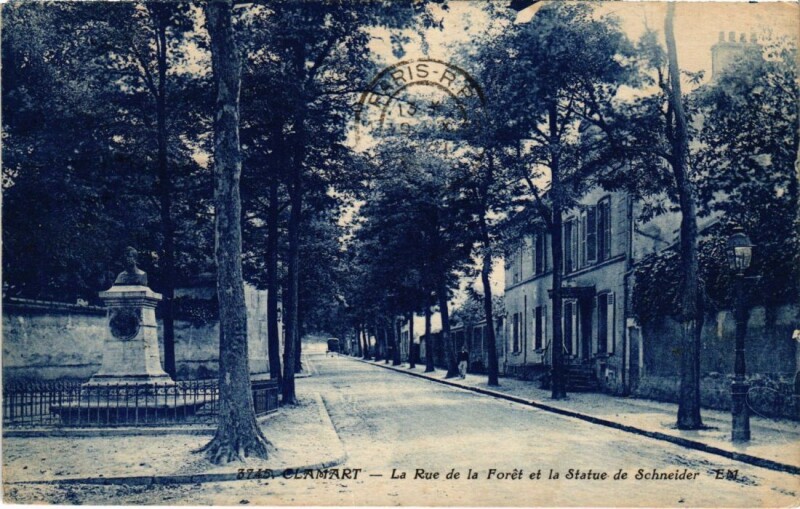 Carte postale ancienne Clamart Rue de la Foret et Statue de Schneider à Clamart