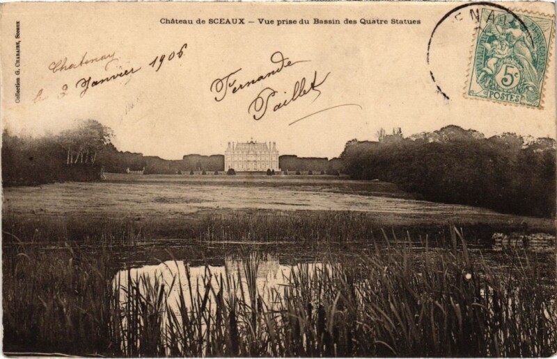 Carte postale ancienne Chateau de Sceaux vue prise du Bassin des Quatre Statues à Sceaux