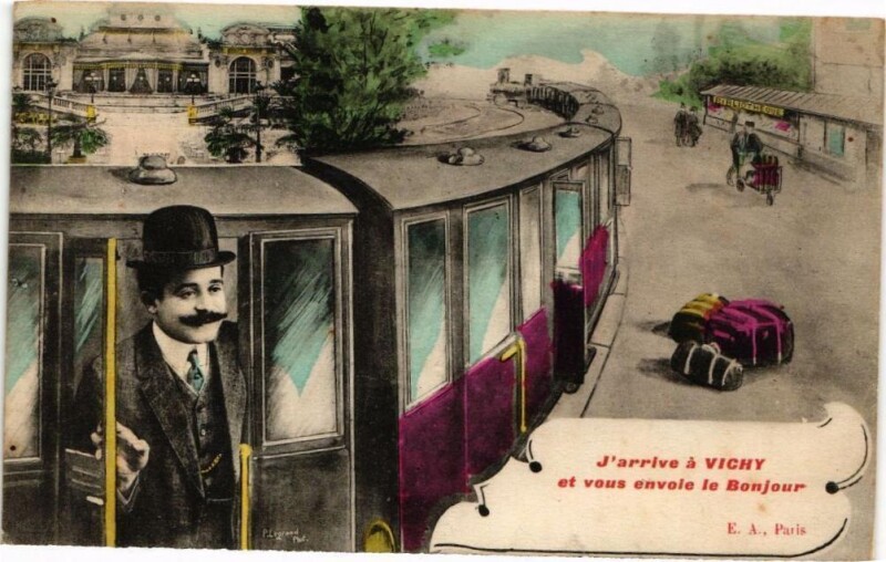 Carte postale ancienne J'arrive a Vichy et vous envoie le Bonjour à Vichy