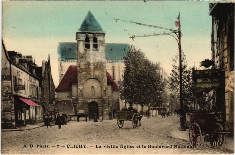 Carte postale ancienne La vieille Eglise et le Boulevard National à Clichy