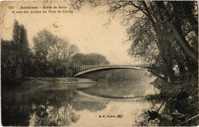 Carte postale ancienne Bords de Seine et une des Arches du Pont de Clichy à Asnières-sur-Seine