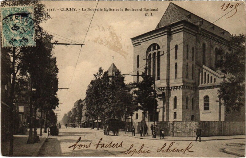 Carte postale ancienne La Nouvelle Eglise et le Boulevard National à Clichy