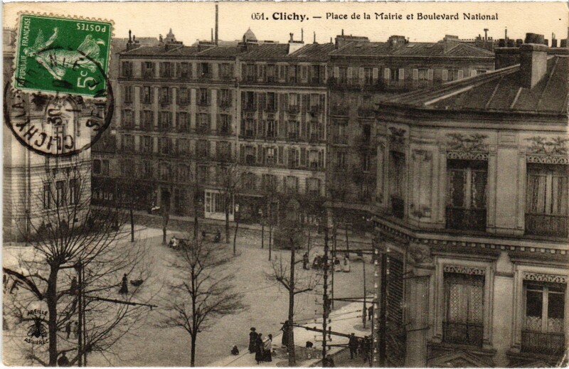 Carte postale ancienne Place de la Mairie et Boulevard National à Clichy