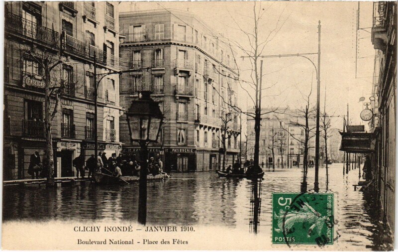 Carte postale ancienne Clichy inondé - Boulevard National - Place des Fêtes à Clichy