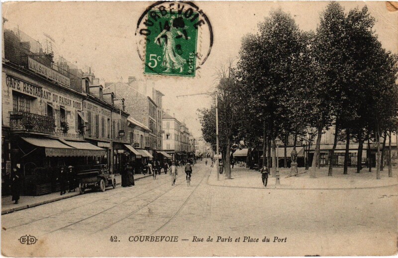 Carte postale ancienne Courbevoie Rue de Paris et Place du Port à Courbevoie