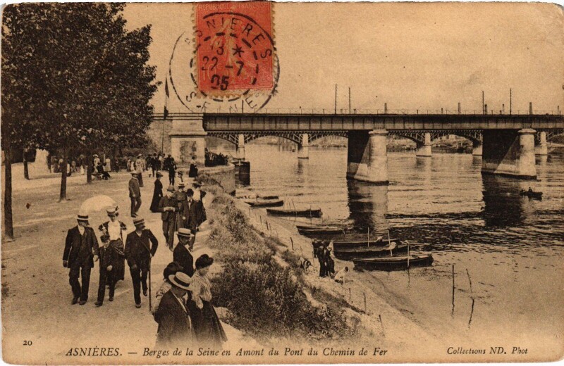 Carte postale ancienne Asnieres Berges de la Seine en Amont du Pont Chemin de Fer