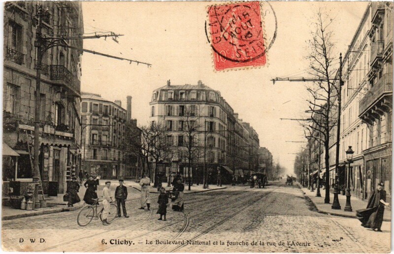 Carte postale ancienne Le Boulevard National et la fourche de la rue de l'Avenir à Clichy