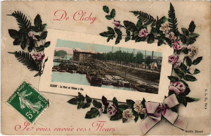 Carte postale ancienne De Clichy Je vous envoie ces fleurs - Le Port et l'Usine à Gaz à Clichy