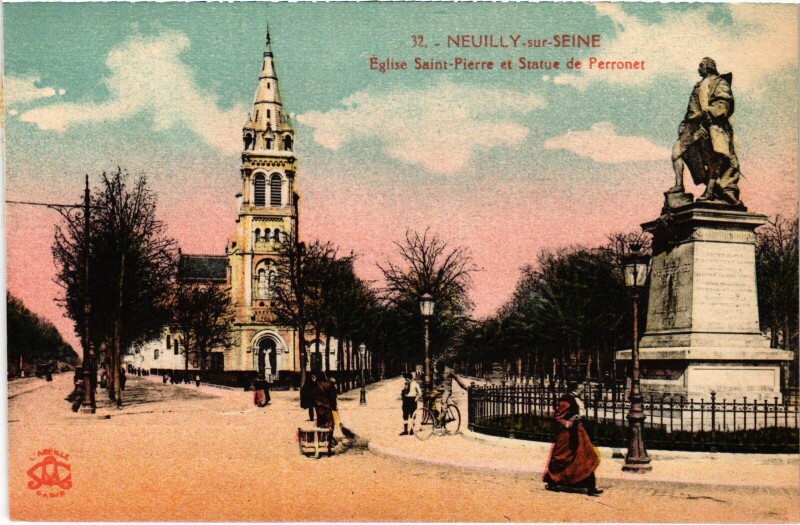 Carte postale ancienne Neuilly Eglise Saint-Pierre et Statue de Perronet