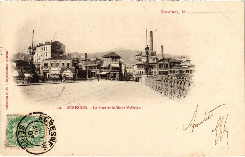 Carte postale ancienne Suresnes Le Pont et le Mont Valerien à Suresnes