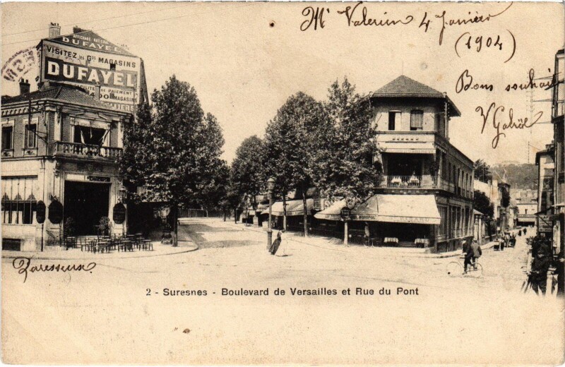 Carte postale ancienne Suresnes Boulevard de Versailles et Rue du Pont à Suresnes