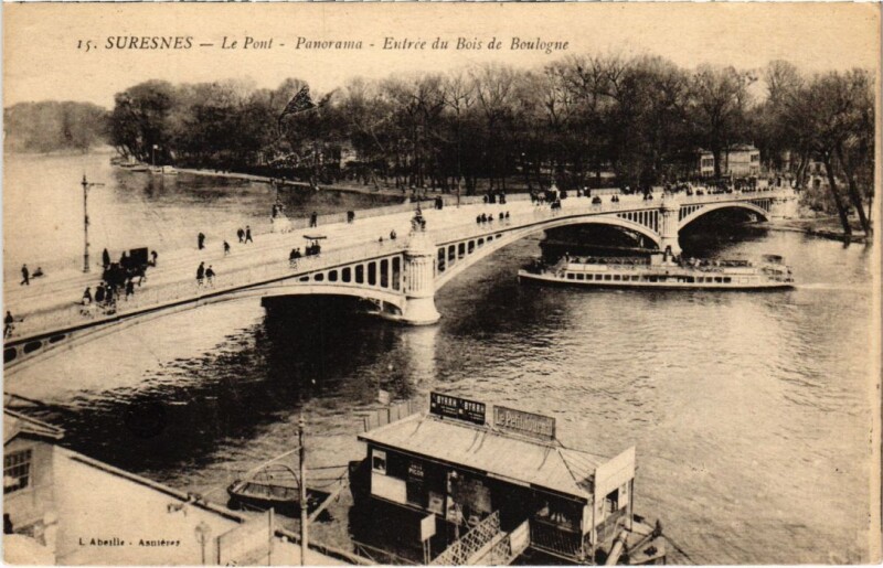 Carte postale ancienne Suresnes Le Pont - Panorama - Entree du Bois de Boulogne à Suresnes