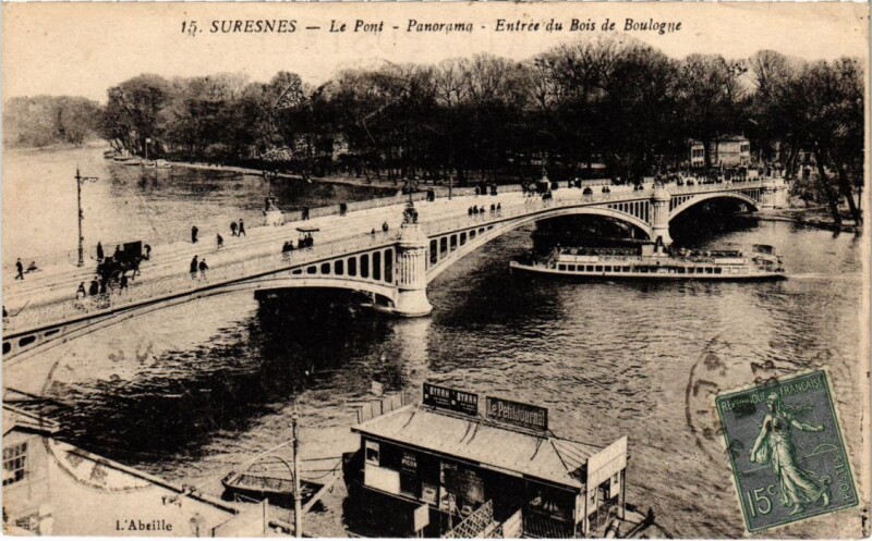 Carte postale ancienne Suresnes Le Pont - Panorama - Entree du Bois de Boulogne à Suresnes