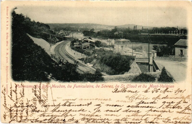 Carte postale ancienne Panorama du Bas-Meudon, du Funiculaire, de Sèvres, de St. Cloud et du Mont-Valérien à Meudon
