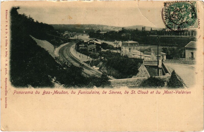 Carte postale ancienne Panorama du Bas-Meudon, du Funiculaire, de Sèvres, de St. Cloud et du Mont-Valérien à Meudon
